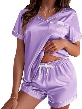 Ekouaer Lavender Satin Silk Pajama Set Short Sleeve & Shorts Size XL (EUC)